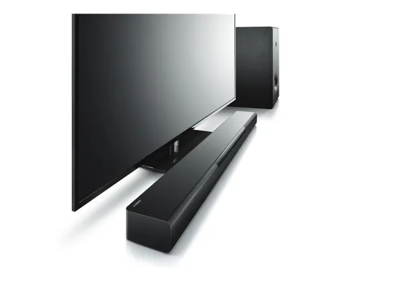 Angled image of a black LED tv with soundbar and subwoofer