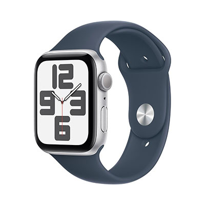 Apple - Watch SE (GPS) 44mm Silver Aluminum Case with Storm Blue Sport Band - M/L - Silver