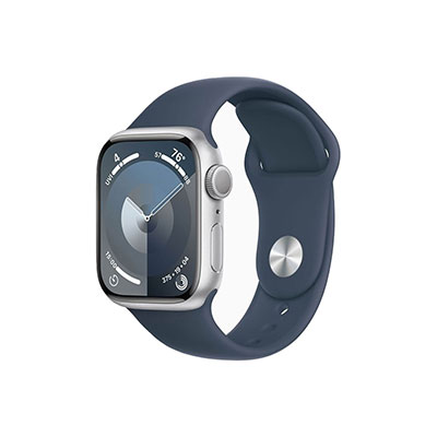 Apple - Watch Series 9 (GPS) 41mm Silver Aluminum Case with Storm Blue Sport Band - S/M - Silver