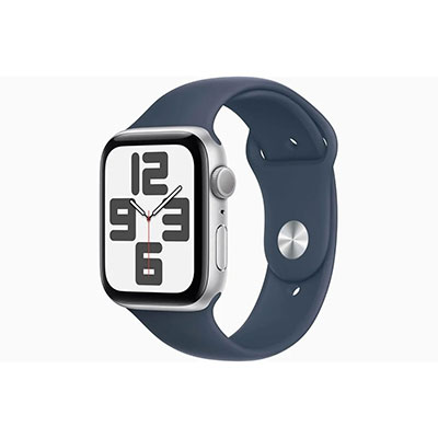 Apple - Watch SE 2nd Generation (GPS) 44mm Silver Aluminum Case with Storm Blue Sport Band - M/L - Silver