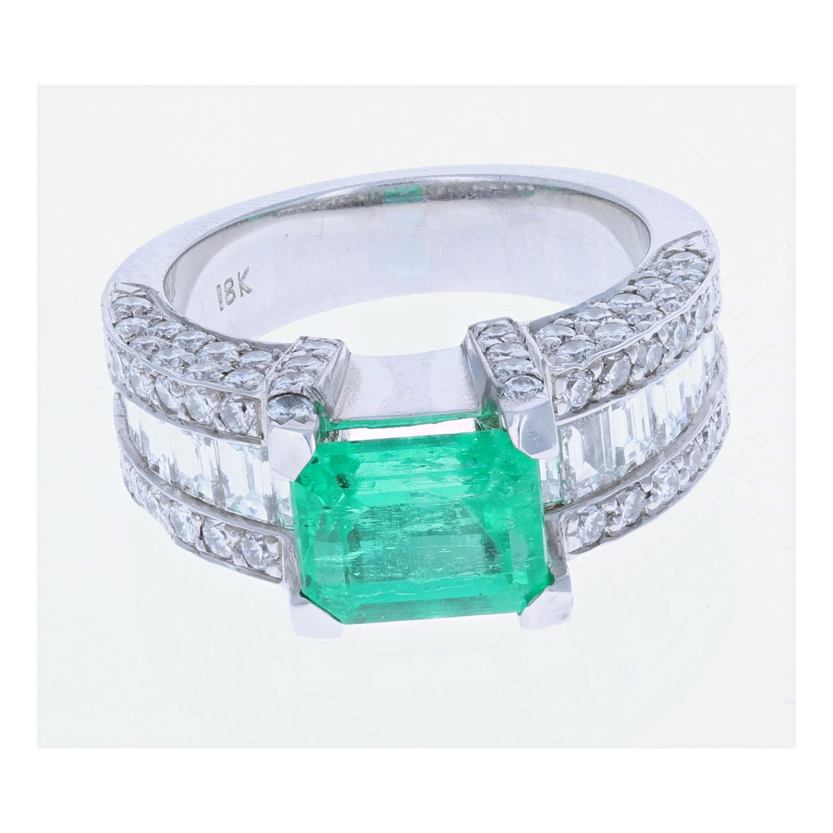 Emerald-Cut Emerald & Round/Baguette Diamond Ring 18KT