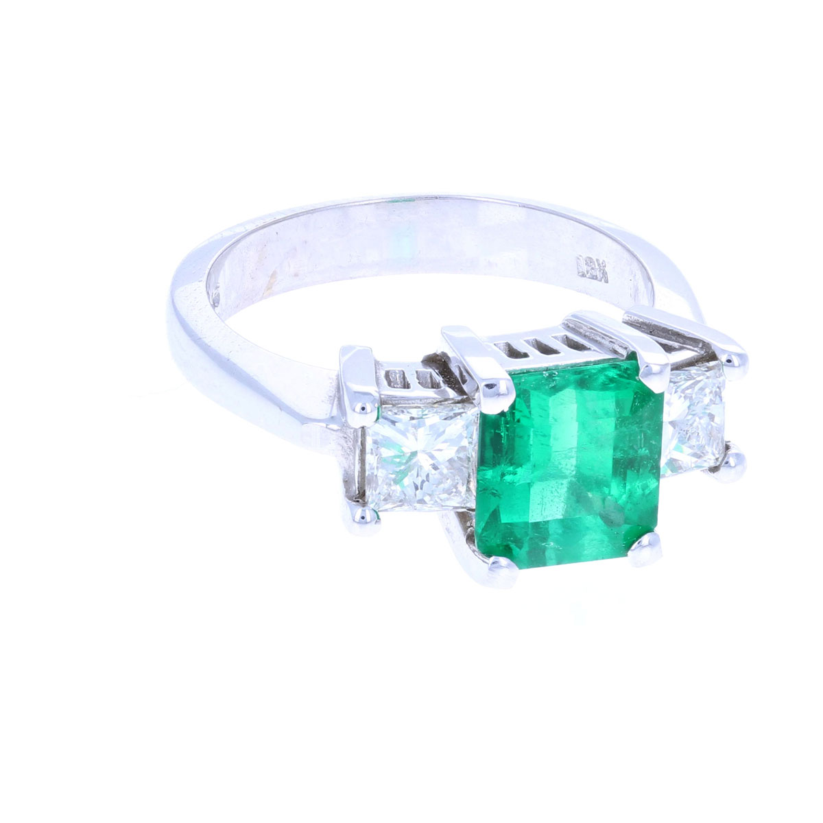 Three-Stone Setting Emerald & Diamond Ring 18KT