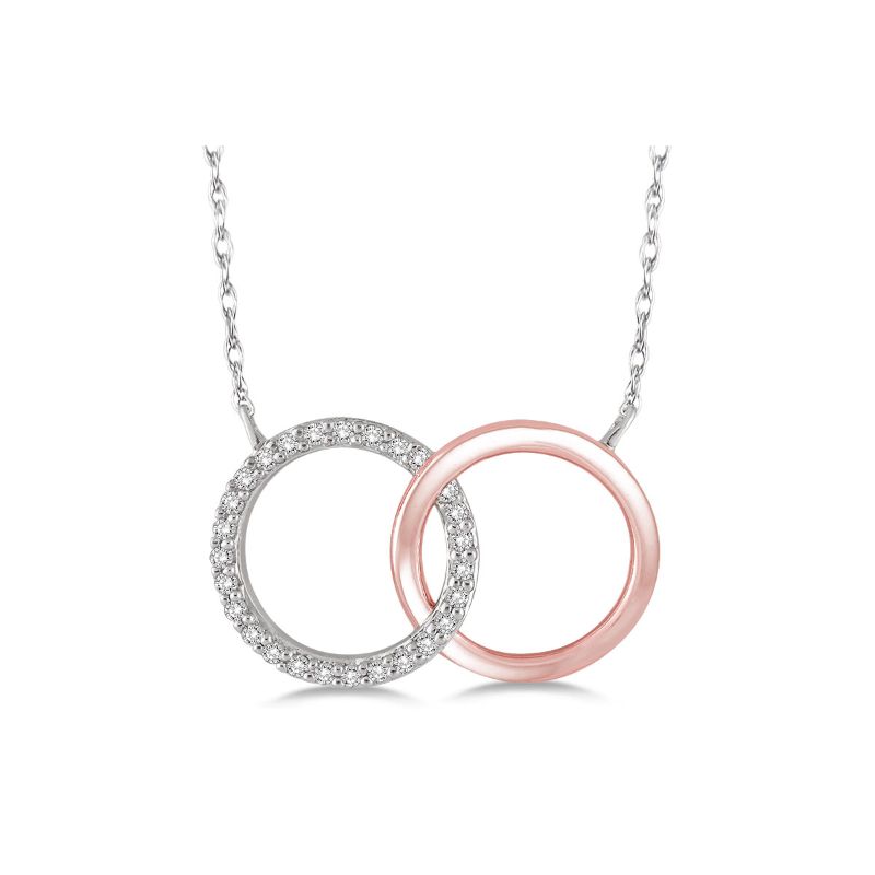 White and Rose Gold Double Circle Diamond Necklace 14KT