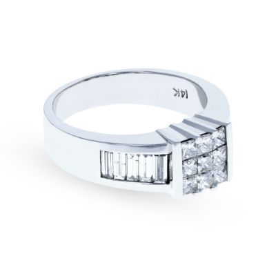 White Gold Mens Princess and Baguette Diamond Ring 14KT