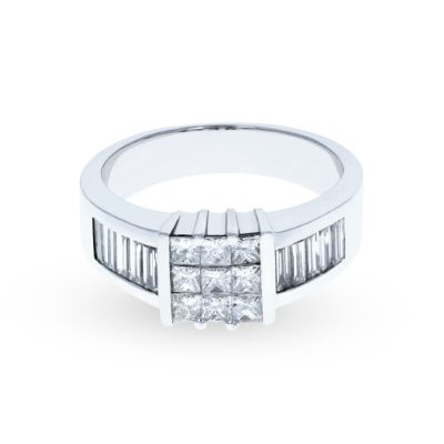 White Gold Mens Princess and Baguette Diamond Ring 14KT