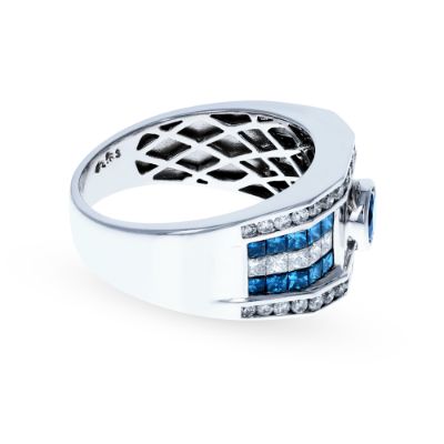 White Gold Mens Blue and White Diamond Ring 14KT