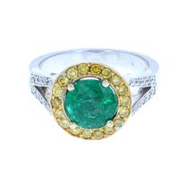 Round Emerald & Yellow Diamond Ring 18KT