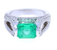 Tension-Mount Emerald Diamond Ring 18KT