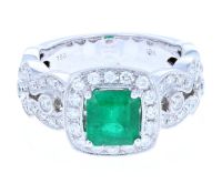 Square Emerald & Round Diamond Ring 18KT