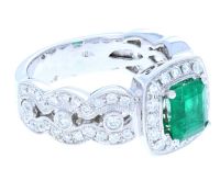 Square Emerald & Round Diamond Ring 18KT