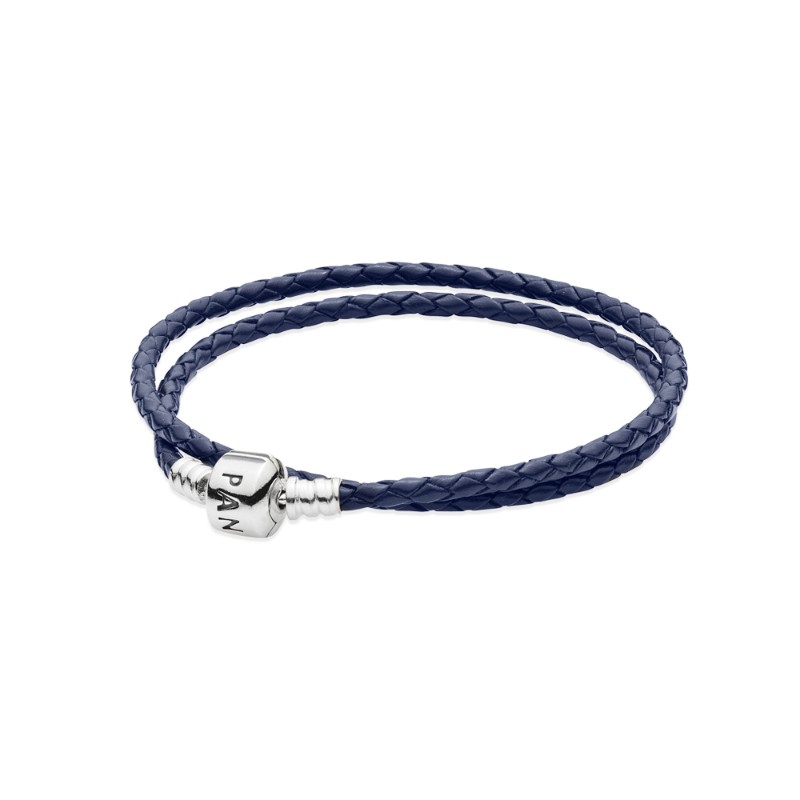 Dark Blue Braided Double-Leather Charm Bracelet