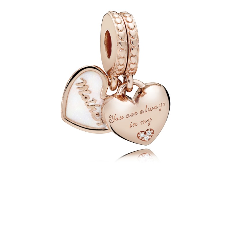 Mother & Daughter Hearts Dangle Charm with Clear CZ, Sterling silver