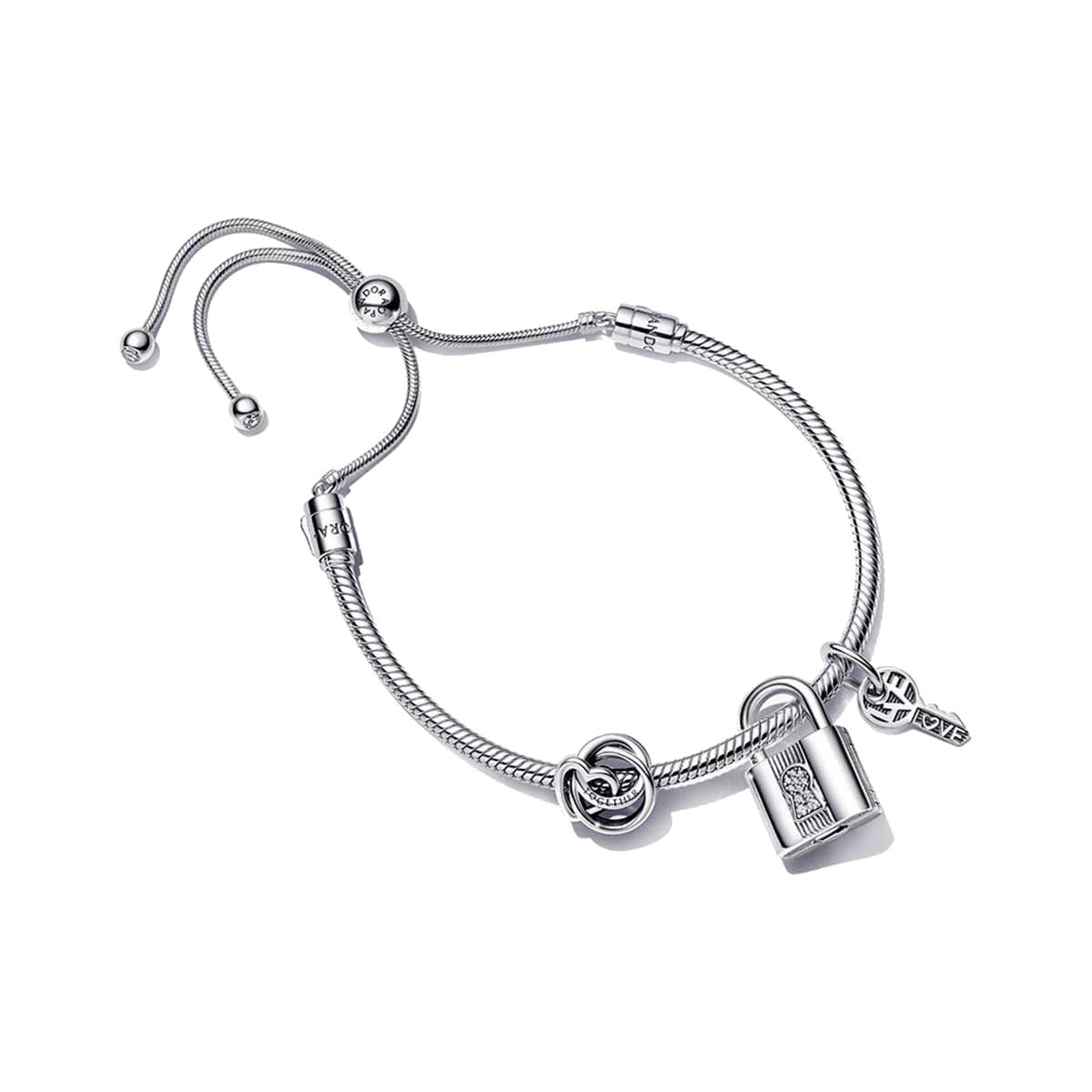 Pandora Moments Family & Padlock Snake Chain Slider Bracelet Set