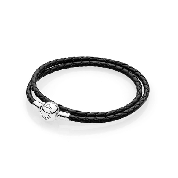 Silver leather bracelet double black