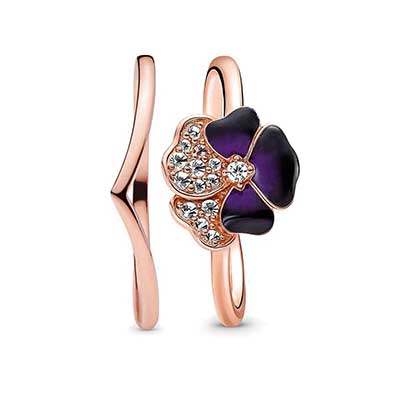 Deep Purple Pansy Flower Wishbone Ring Set