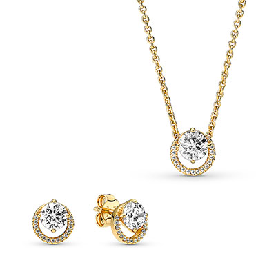 Sparkling Gold Round Halo Necklace and Earring Set