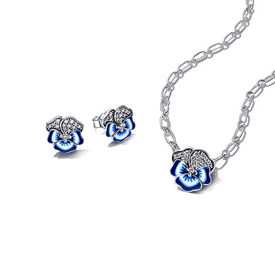 Blue Pansy Necklace & Stud Earrings Set