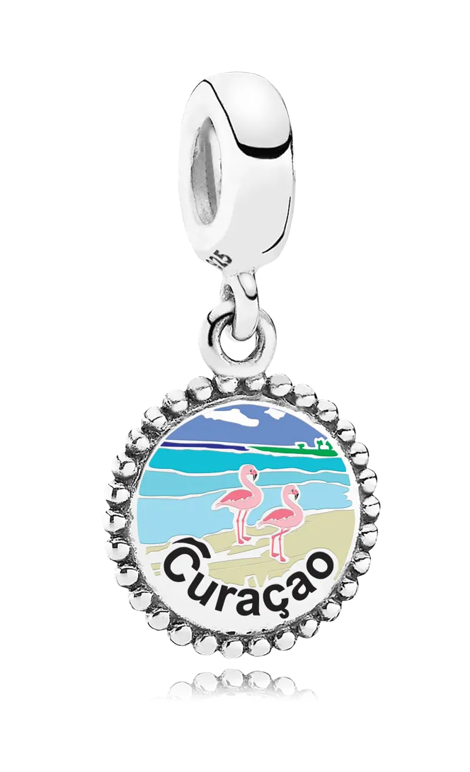 Sterling Silver Curaçao Pandora Dangle Charm with 2 flamingos on a beautiful sandy beach and Curaçao in the foreground
