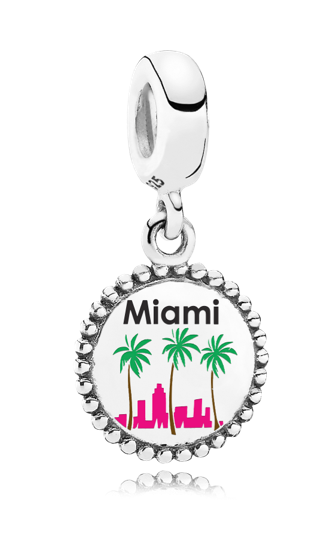 Sterling Silver Miami Pandora Dangle Charm with a mini pink skyline of downtown Miami and 3 palm trees in the foreground