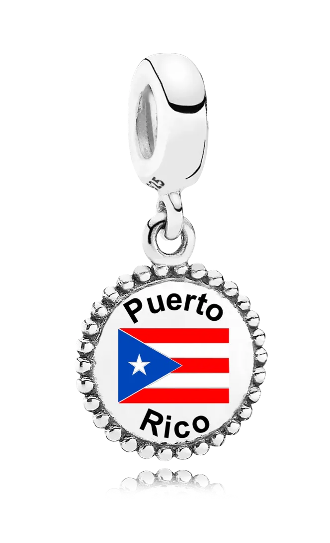 Sterling Silver Puerto Rico Pandora Dangle Charm with Puerto Rico flag and Puerto Rico written in black text